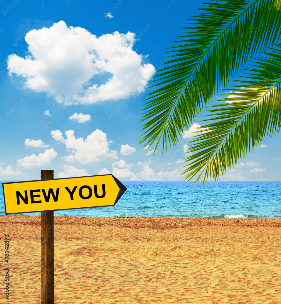 Naklejka premium Tropical beach and direction board saying NEW YOU