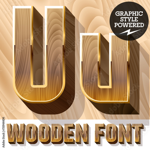 3D luxury wooden font in golden border. Letter U photo