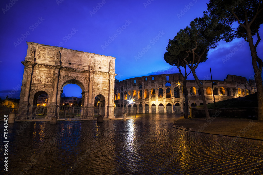 Colosseum and Constantine Arch at Night