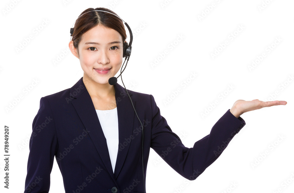 Call centre agent with open hand palm Call centre agent with open hand palm