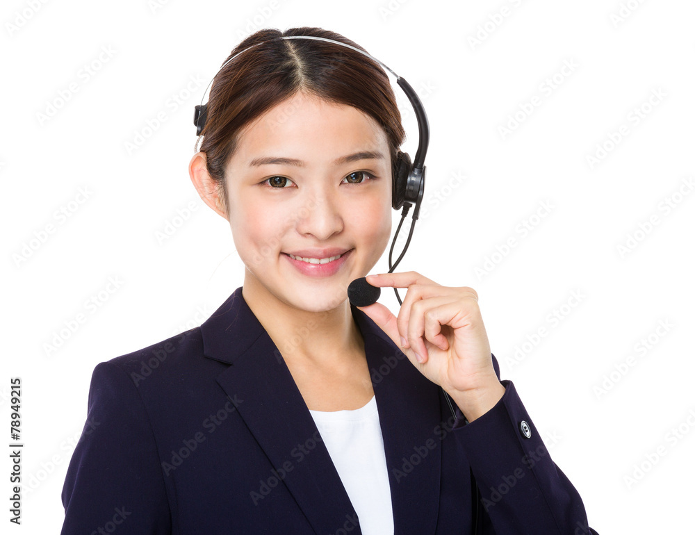 Call centre operator with hand hold with microphone Call centre operator with hand hold with microphone