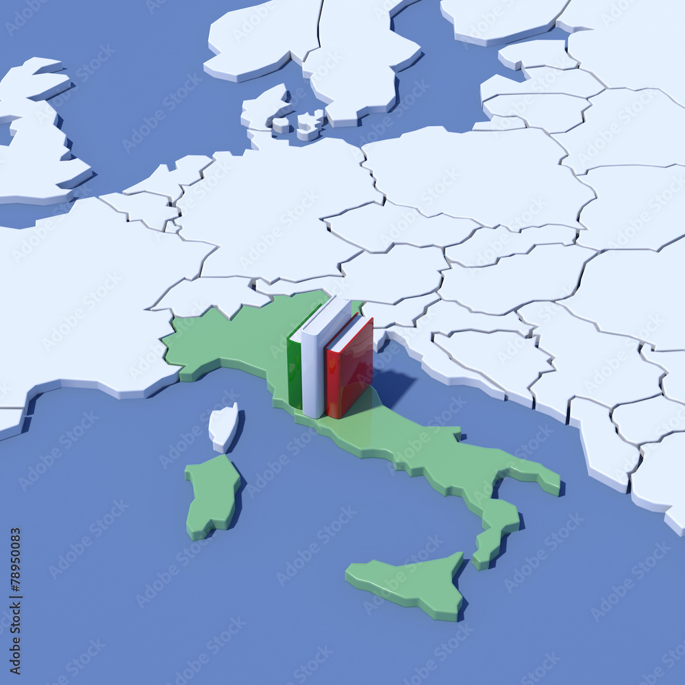Obraz premium Mappa Europa 3D con indicazione Italia e libri