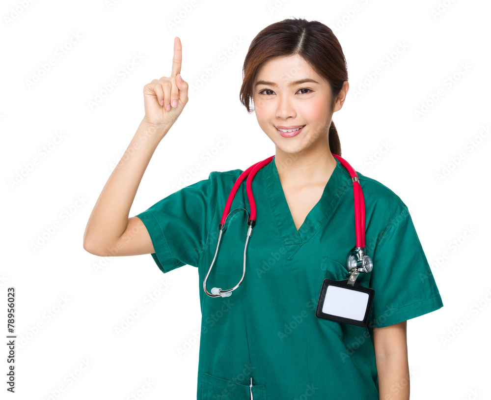 Asian doctor with finger point up Asian doctor with finger point up