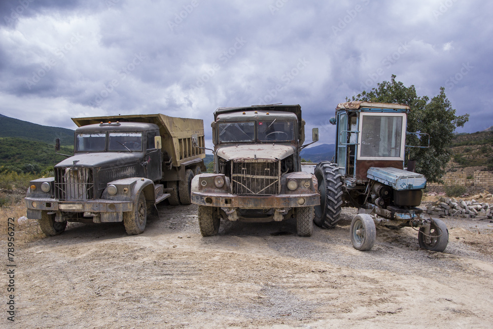 Old abandoned trucks in the quarry