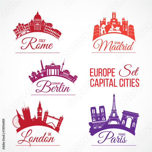 Europe capital cities skylines. Rome Madrid Berlin London Paris