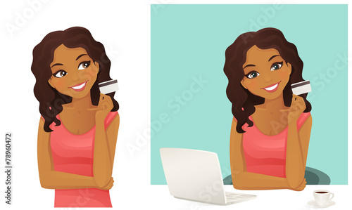 Black woman shopping on line holding credit card