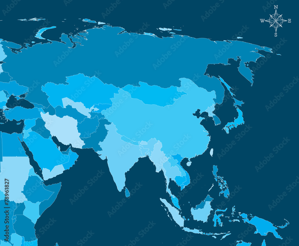 Naklejka premium Asia Map - Vector Map of Asia with north arrow