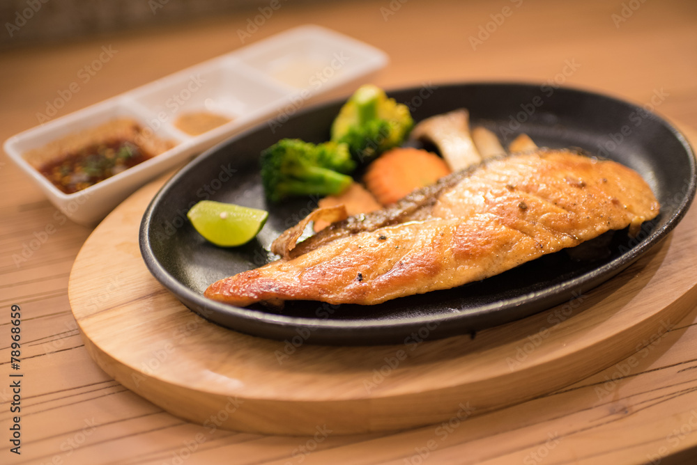 Set of grilled japanese salmon steak with rice, miso soup and fr