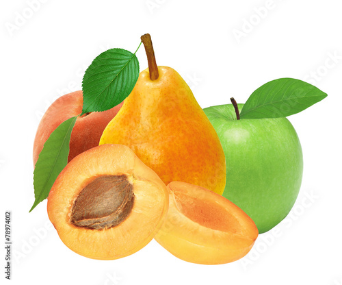 fresh apricot, peach, apple and pear isolated on white