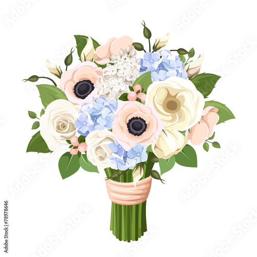 Bouquet of roses, lisianthus, anemones and hydrangea flowers.