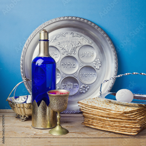 Jewish holiday Passover celebration with matzo and wine