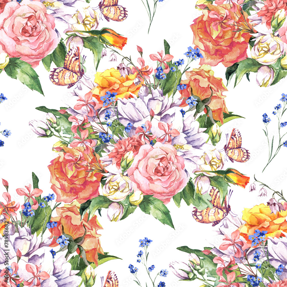 Floral seamless watercolor background with roses