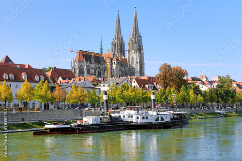 Regensburg Cathedral and old steamship, Germany
