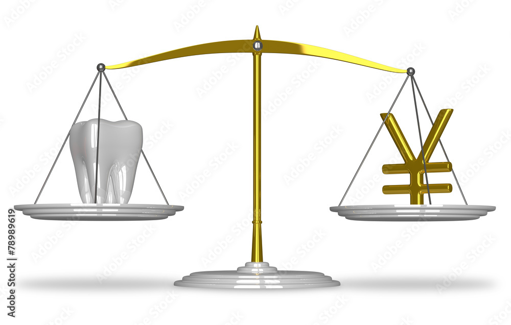 White tooth and yuan on scales White tooth and yuan on scales