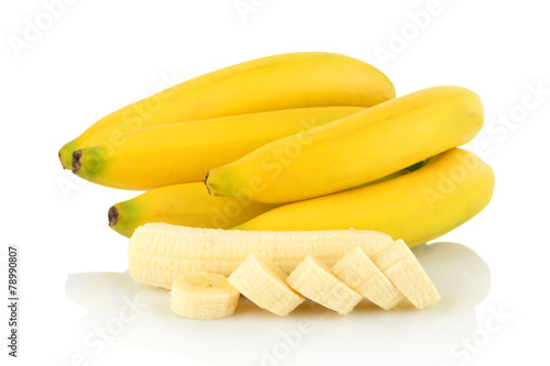 Bunch of bananas with slices on white background