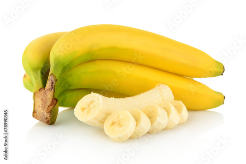 Bunch of bananas with slices on white background