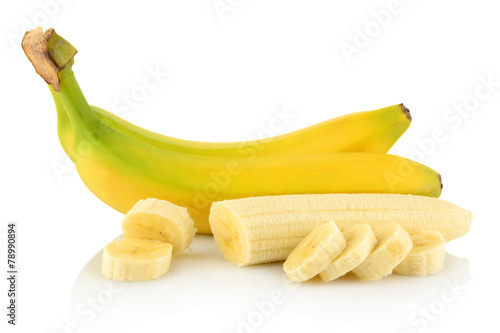 Bunch of bananas with slices on white background