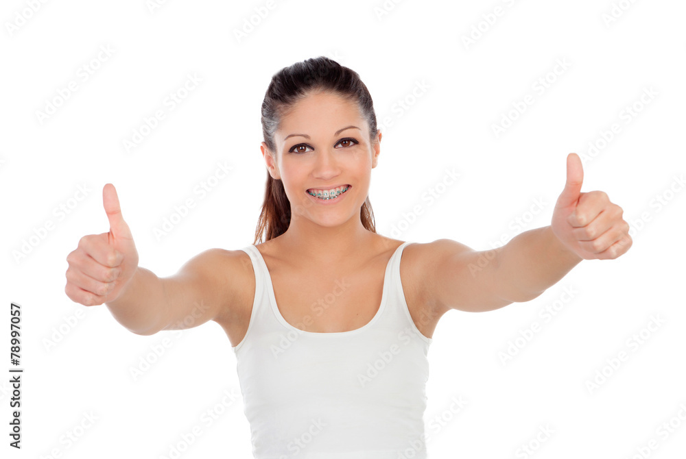 Cute teenager girl with brackets saying Ok Cute teenager girl with brackets saying Ok