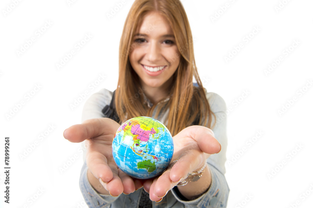 student girl holding little world globe in tourism concept student girl holding little world globe in tourism concept