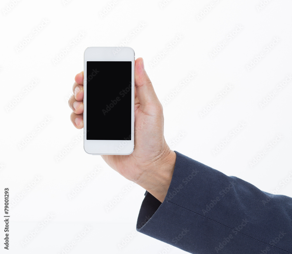 Businessman hand holding mobile phone on white background Businessman hand holding mobile phone on white background