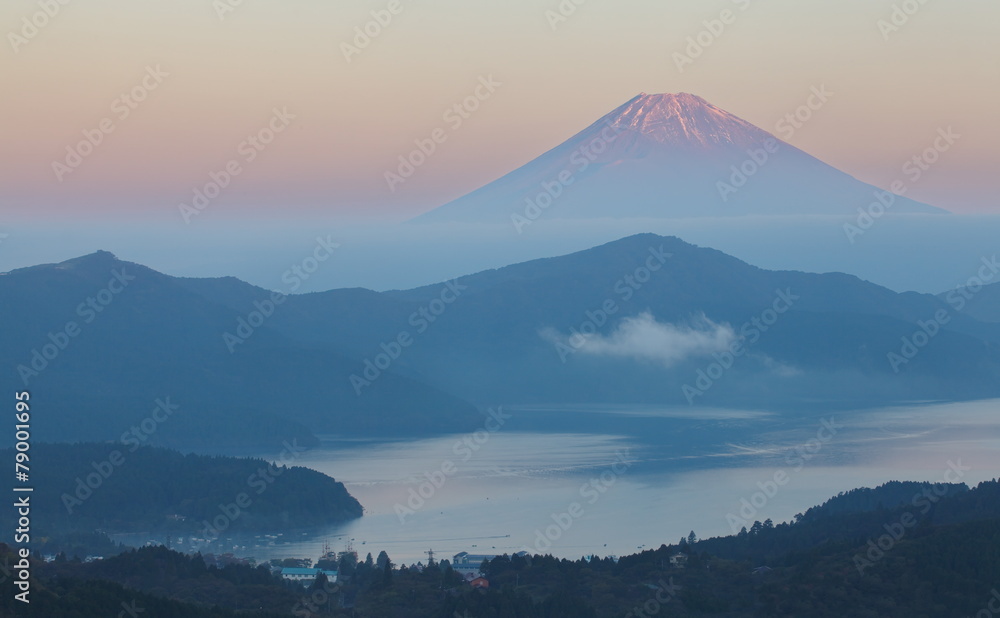 Mountain Fuji and lake ashi in early morning