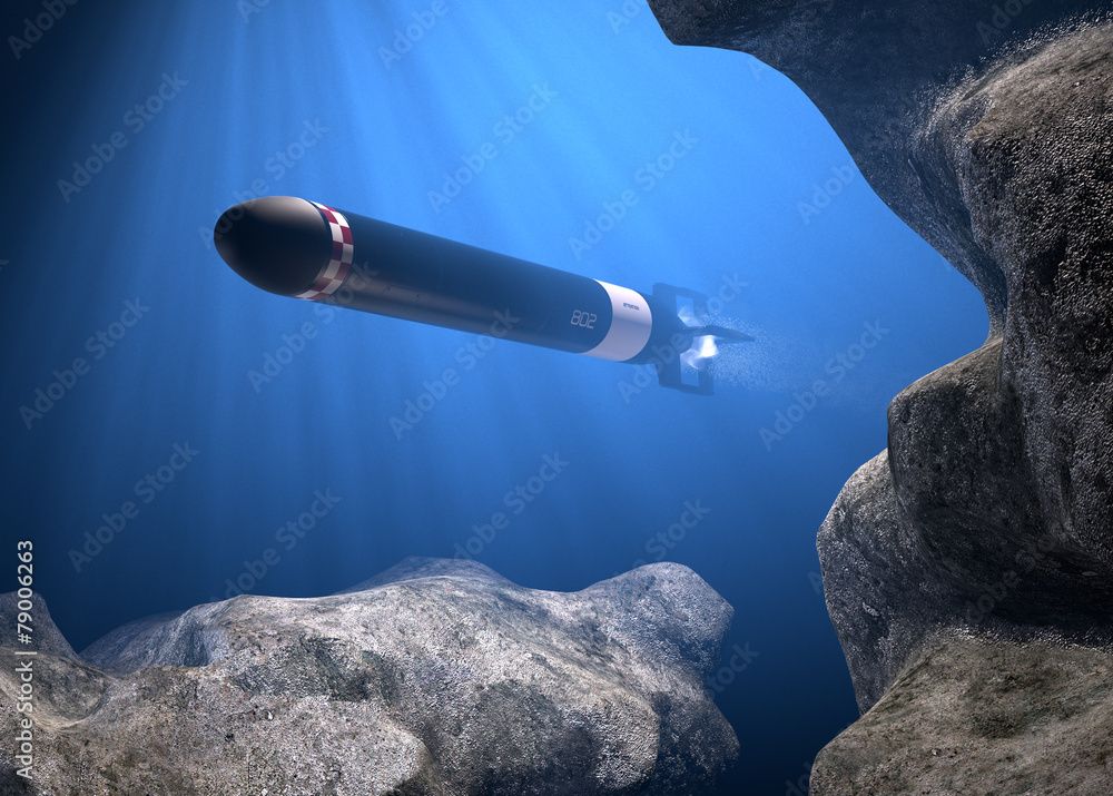 Photography Underwater Torpedo Aimed at Target. Simulation