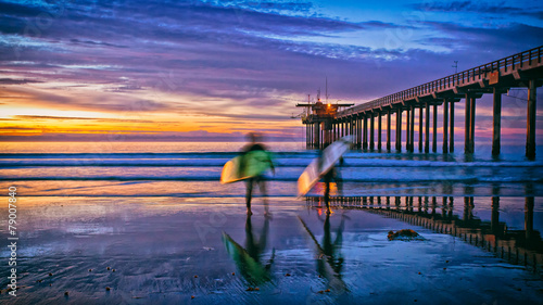 beach sunset with surfers and pier, La Jolla, San Diego, CA