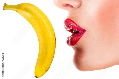 sexy woman eating banana, sensual red lips