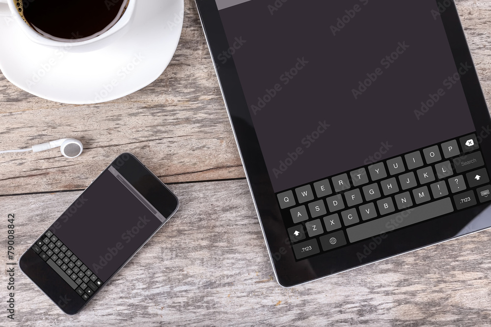 tablet and smartphone with keyboard on screen tablet and smartphone with keyboard on screen
