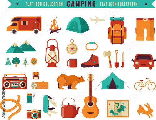 Hiking and camping equipment  - icon set and infographics