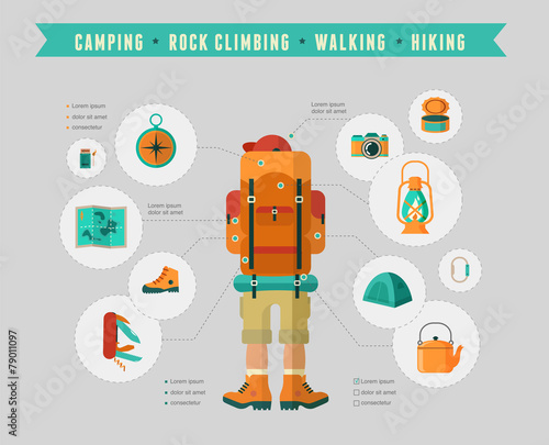 Hiking and camping equipment  - icon set and infographics