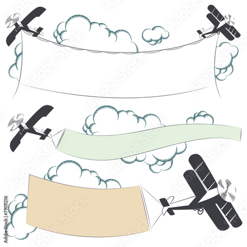 Vector biplane aircraft pulling advertisement banner
