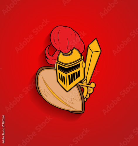 Cartoon Soldier Mascot Character with Shield and Sword photo