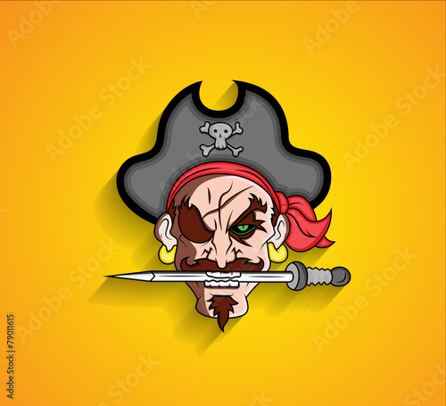 Pirate Cartoon Character Holding Sword in Mouth