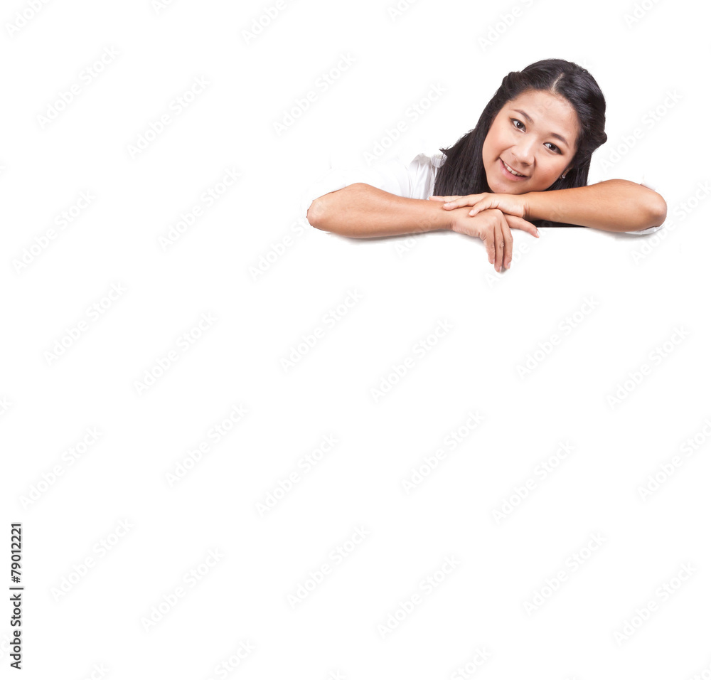 Asian woman holding blank board,