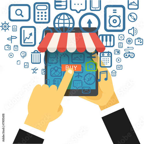Digital commerce illustration. Online shopping with modern devic