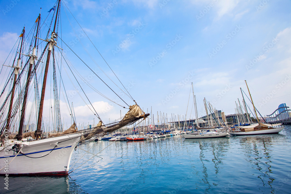 Old ship in port of Barcelona, Spain