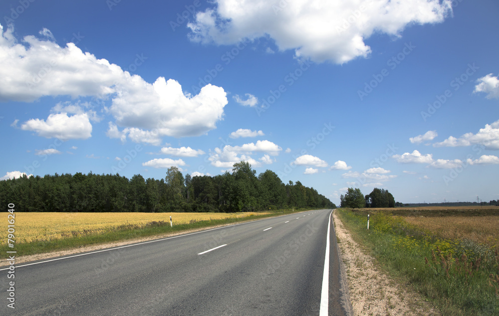 Fototapeta premium Scenic empty road among yellow rape field