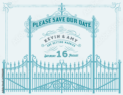 Vector. Wedding invitation vintage card with forged metal elemen