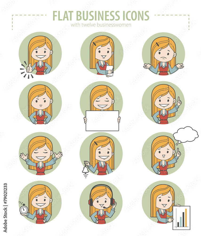 Set of flat business icons with businesswomen Set of flat business icons with businesswomen