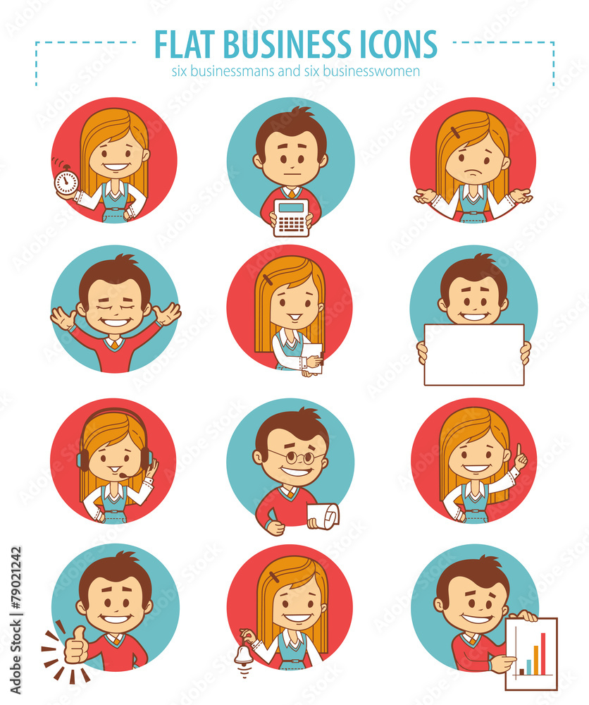 Set of flat business icons with businessmans and businesswomen Set of flat business icons with businessmans and businesswomen