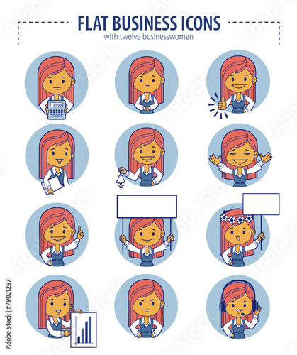 Set of flat business icons with businesswomen