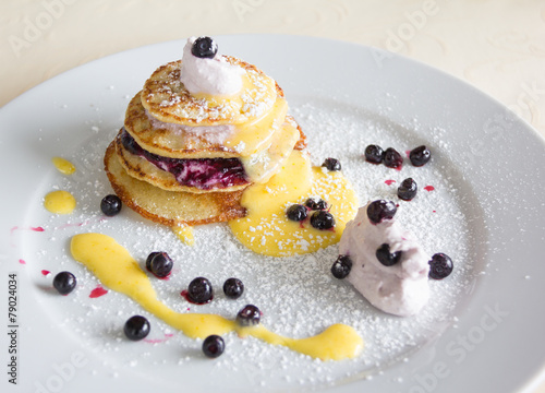 Homemade Pancakes With Lemon And Blueberry Cream