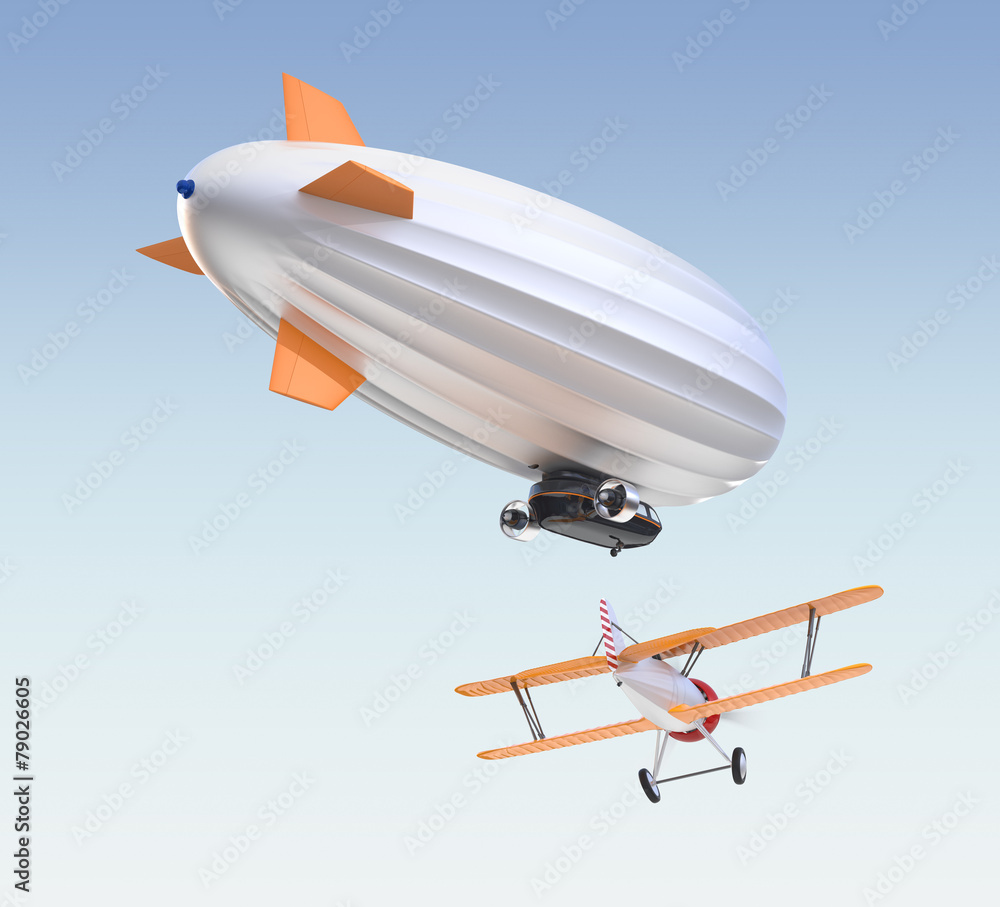 Obraz premium Airship and biplane flying in the sky (rear camera view)