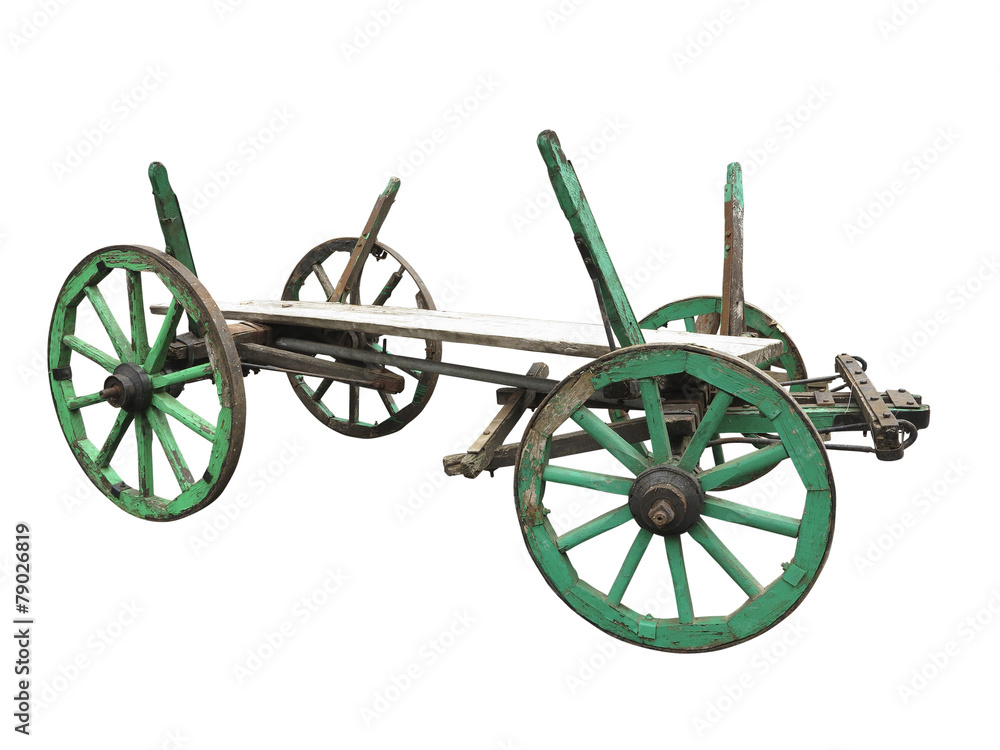 Fototapeta premium Vintage old rough wooden cart isolated on white