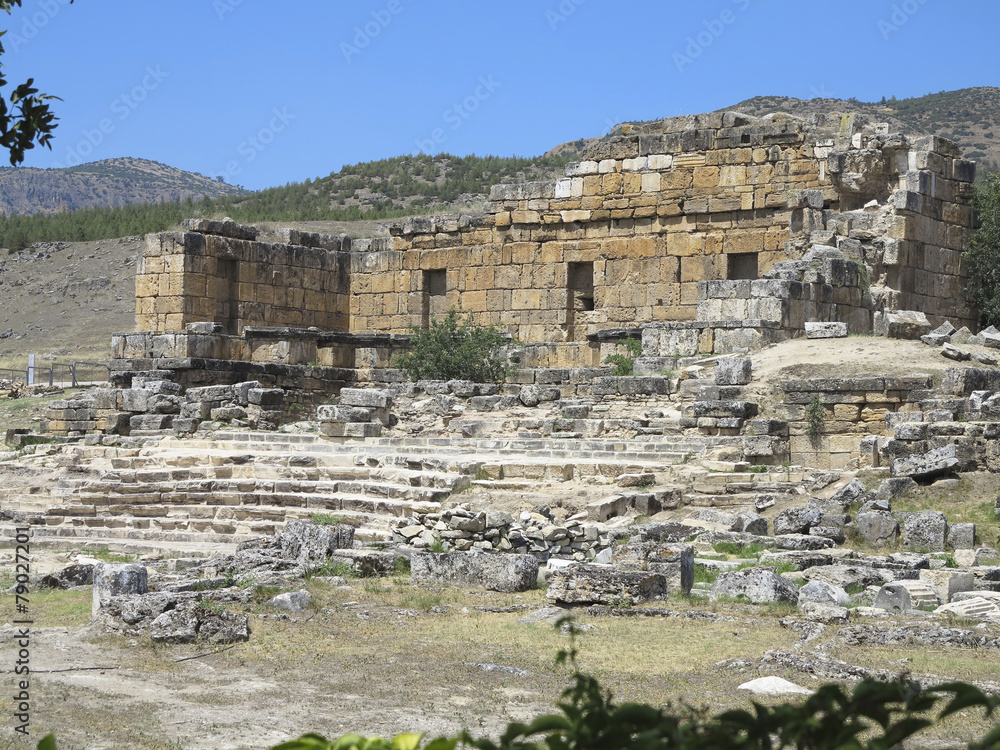 Ruins of the ancient city of Hierapolis and blue sky