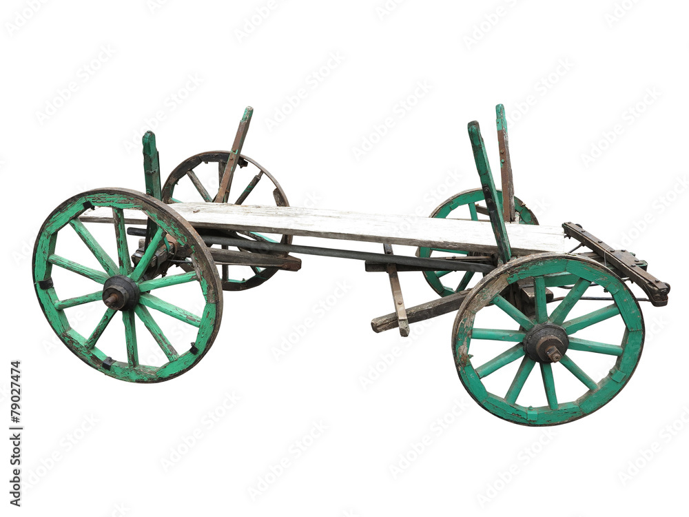 Fototapeta premium Vintage old rough wooden cart isolated on white