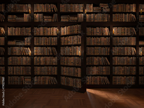 Secret door in the bookcase. Mysterious library.