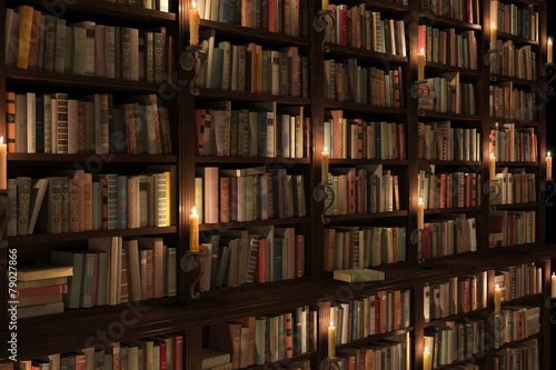 Library with candle lighting. Old Two-storied Bookshelf.