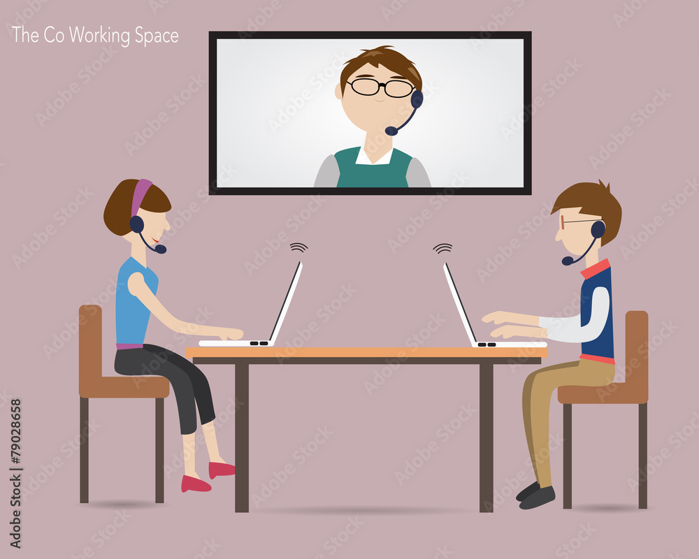 Two people in co working space and online conference Two people in co working space and online conference